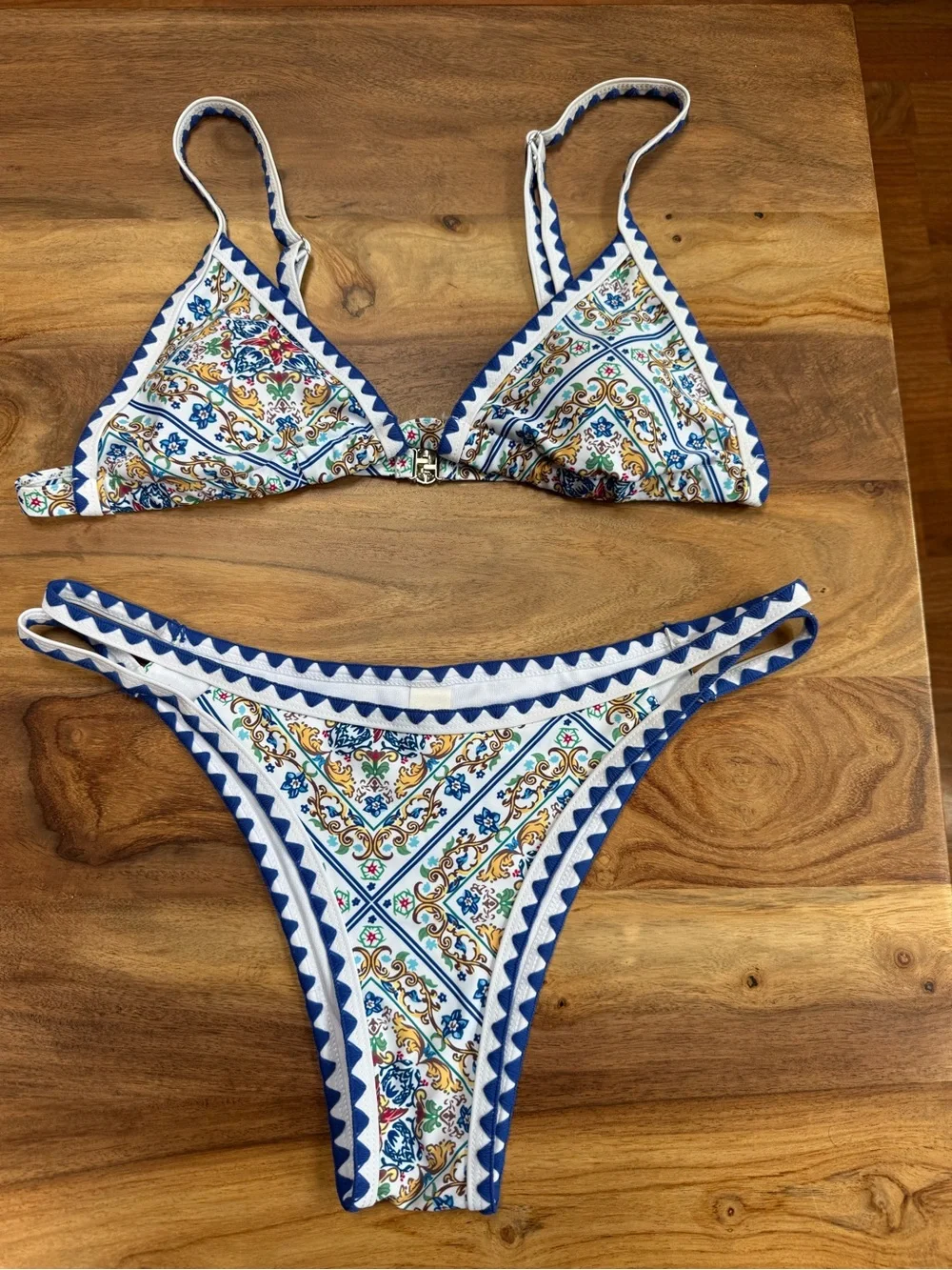 Blue & White Printed Triangle Bikini Set